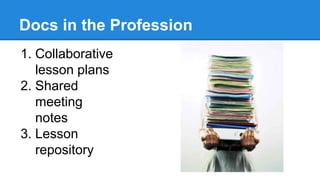 Docs in the Profession
1. Collaborative
lesson plans
2. Shared
meeting
notes
3. Lesson
repository
 