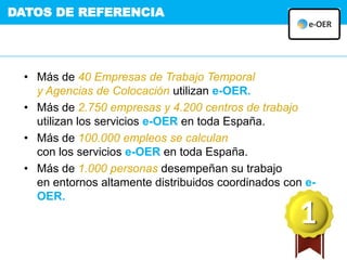 DATOS DE REFERENCIA
• Más de 40 Empresas de Trabajo Temporal
y Agencias de Colocación utilizan e-OER.
• Más de 2.750 empresas y 4.200 centros de trabajo
utilizan los servicios e-OER en toda España.
• Más de 100.000 empleos se calculan
con los servicios e-OER en toda España.
• Más de 1.000 personas desempeñan su trabajo
en entornos altamente distribuidos coordinados con e-
OER.
 