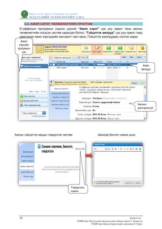 Чингэлтэй эрүүл мэндийн нэгдлийн
          МЭДЭЭЛИЙН ТЕХНОЛОГИЙ Н АЛБА

        3.3. АЖИЛ ХЭРЭГ ТӨЛӨВЛӨЛТИЙН ПРОГРАМ
   Е-оффисын програмын үндсэн цэсний “Ажил хэрэг” цэс рүү орвол таны ажлын
   төлөвлөлтийн нэгдсэн систем харагдах болно. “Гүйцэтгэх ажлууд” цэс рүү орвол танд
   даалгасан ажил хэргүүдийн жагсаалт гарч ирнэ. Гүйцэтгэх ажилуудаас сонгож харах
    Ажил
   хэргийн
  прогрмын
     цэс




                                                                                                Хийх
                                                                                               ажлууд




                                                                                            Ажлын
                                                                                            дэлгэрэнгүй




Ажлыг гүйцэтгэх явцын тэмдэглэл хөтлөх                    Шинээр бичлэг нэмэх цонх




                                    Тэмдэглэл
                                    нэмэх




   11                                                                                Бэлтгэсэн:
                                         ЧЭМН-ийн Мэдээллийн технологийн албаны дарга Г.Энхтулга
                                                   ЧЭМН-ийн Цахим бүртгэлийн ажилтан Х.Учрал
 