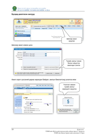 Чингэлтэй эрүүл мэндийн нэгдлийн
      МЭДЭЭЛИЙН ТЕХНОЛОГИЙ Н АЛБА

Бусдад даалгасан ажлууд




                                                                  Шинээр ажил
                                                                    оруулах

Шинээр ажил нэмэх цонх




                                                                  Тухайн ажлыг хянах
                                                                    болон гүйцэтгэх
                                                                   ажилчдыг сонгох




Ажил хэрэг үүссэний дараа харагдах байдал, ажлын биелэлтэнд үнэлгээ өгөх

                                                             Үнэлгээг зөвхөн
                                                              тухайн ажлыг
                                                            хариуцагч оруулна




13                                                                               Бэлтгэсэн:
                                     ЧЭМН-ийн Мэдээллийн технологийн албаны дарга Г.Энхтулга
                                               ЧЭМН-ийн Цахим бүртгэлийн ажилтан Х.Учрал
 