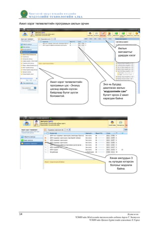 Чингэлтэй эрүүл мэндийн нэгдлийн
      МЭДЭЭЛИЙН ТЕХНОЛОГИЙ Н АЛБА

Ажил хэрэг төлөвлөлтийн програмын ажлын орчин




                                                                         Ажлын
                                                                         жагсаалтыг
                                                                         удирдах хэсэг




                   Ажил хэрэг төлөвлөлтийн
                   програмын цэс –Энэхүү                    Энэ нь бусдад
                   цэсэнд өөрийн хүссэн                     даалгасан ажлын
                   байдлаар бүлэг үүсгэх                    “мэдээллийн сан”
                   боломжтой.                               бүлэгт орсон 2 ажил
                                                            харагдаж байна




                                                                  Хянах ажлуудын 3
                                                                 нь хугацаа хэтэрсэн
                                                                  болохыг мэдээлж
                                                                        байна.




14                                                                               Бэлтгэсэн:
                                     ЧЭМН-ийн Мэдээллийн технологийн албаны дарга Г.Энхтулга
                                               ЧЭМН-ийн Цахим бүртгэлийн ажилтан Х.Учрал
 