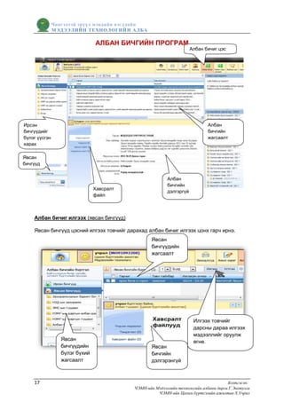 Чингэлтэй эрүүл мэндийн нэгдлийн
               МЭДЭЭЛИЙН ТЕХНОЛОГИЙ Н АЛБА

                                АЛБАН БИЧГИЙН ПРОГРАМ
                                                                      Албан бичиг цэс




Ирсэн                                                                         Албан
бичгүүдийг                                                                    бичгийн
бүлэг үүсгэн                                                                  жагсаалт
харах

Явсан
бичгүүд


                                                          Албан
                                                          бичгийн
                                Хавсралт
                                                          дэлгэргүй
                                файл



    Албан бичиг илгээх (явсан бичгүүд)

    Явсан бичгүүд цэсний илгээх товчийг дарахад албан бичиг илгээх цонх гарч ирнэ.
                                                   Явсан
                                                   бичгүүдийн
                                                   жагсаалт




                                                                       Илгээх товчийг
                                                                       дарсны дараа илгээх
                                                                       мэдээллийг оруулж
                  Явсан                                                өгнө.
                  бичгүүдийн                       Явсан
                  бүлэг бүхий                      бичгийн
                  жагсаалт                         дэлгэрэнгүй



    17                                                                                 Бэлтгэсэн:
                                           ЧЭМН-ийн Мэдээллийн технологийн албаны дарга Г.Энхтулга
                                                     ЧЭМН-ийн Цахим бүртгэлийн ажилтан Х.Учрал
 