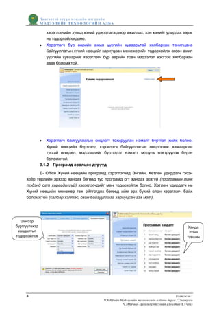 Чингэлтэй эрүүл мэндийн нэгдлийн
               МЭДЭЭЛИЙН ТЕХНОЛОГИЙ Н АЛБА

                  хэрэглэгчийн хувьд хэний удирдлага доор ажиллах, хэн хэнийг удирдах зэрэг
                  нь тодорхойлогдоно.
                  Хэрэглэгч бүр өөрийн ажил үүргийн хуваарьтай хялбархан танилцана
                  Байгууллагын хүний нөөцийг хариуцсан менежерийн тодорхойлж өгсөн ажил
                  үүргийн хуваарийг хэрэглэгч бүр өөрийн товч мэдээлэл хэсгээс хялбархан
                  авах боломжтой.




                   Хэрэглэгч байгууллагын онцлогт тохируулан нэмэлт бүртгэл хийж болно.
                   Хүний нөөцийн бүртгэлд хэрэглэгч байгууллагын онцлогоос хамаарсан
                   тусгай өгөгдөл, мэдээллийг бүртгэдэг нэмэлт модуль нэвтрүүлэх бүрэн
                   боломжтой.
               3.1.2 Програмд оролцох дүрүүд

           Е- Office Хүний нөөцийн програмд хэрэглэгчид Энгийн, Хөтлөн удирдагч гэсэн
     хоѐр төрлийн эрхээр хандах бөгөөд тус програмд огт хандах эрхгүй (програмын линк
     тэдэнд огт харагдахгүй) хэрэглэгчдийг мөн тодорхойлж болно. Хөтлөн удирдагч нь
     Хүний нөөцийн менежер гэж ойлгогдох бөгөөд ийм эрх бүхий олон хэрэглэгч байх
     боломжтой (салбар хэлтэс, охин байгууллага хариуцсан гэх мэт).




  Шинээр
бүртгүүлэхэд                                                                                      Ханда
 хандалтыг                                                                                        лтын
тодорхойлох                                                                                      түвшин




     4                                                                                    Бэлтгэсэн:
                                              ЧЭМН-ийн Мэдээллийн технологийн албаны дарга Г.Энхтулга
                                                        ЧЭМН-ийн Цахим бүртгэлийн ажилтан Х.Учрал
 