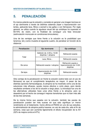 MÁSTER EN ENFERMERÍA OFTALMOLÓGICA
MÓDULO 1. PRINCIPIOS BÁSICOS
TEMA 3. TERAPIA VISUAL
T3.9
M.1
5. PENALIZACIÓN
Es menos potente que la oclusión y consiste en generar una imagen borrosa en
el ojo dominante a través de distintos sistemas (hiper o hipocorrección con
lentes, aplicando laca, filtros o esmeril a las gafas o con fármacos). Por regla
general, se utiliza cuando la agudeza visual del ojo ambliope ha superado el
60-70% de visión, con la finalidad de conseguir una fase binocular
(estimulación monocular en condiciones binoculares).
Una de las ventajas que tiene frente a la oclusión es la posibilidad que
tenemos, tal y como muestra el siguiente cuadro, de penalizar en función de la
distancia:
Penalización Ojo dominante Ojo ambliope
Addición de -4.00 a -12.00
dioptrías + atropina
Refracción exacta
Total
Laca, flitros... Refracción exacta
De cerca Refracción exacta + atropina
Refracción exacta o
hipercorrección de +3.00
dioptrías
De lejos
Hipercorreción de +3.00
dioptrías
Refracción exacta
Otra ventaja de la penalización en frente la oclusión (sobre todo con el uso de
fármacos) es que el cumplimiento terapéutico es mayor. A pesar de las
distintas opciones farmacológicas, la atropina se ha mostrado como una de las
soluciones más eficaces, quizás menos efectiva a corto plazo, pero dando
resultados similares a los de la oclusión a largo plazo. La levodopa fue una de
las alternativas utilizadas hace unos años frente a la atropina, pero se
desestimó por el hecho de conseguir mejoras transitorias que no iban más allá
de las tres semanas.
De la misma forma que pasaba con la oclusión, también las pautas de
penalización pueden ser más suaves sin que esto signifique un menor
rendimiento en el tratamiento. Como afirma el PEDIG en uno de sus estudios,
la administración de atropina podría hacerse, en vez de cada día, sólo el fin de
semana, cosa que aún aumenta ligeramente el efecto recuperador de la AV
(52% de mejora contra el 47%)
 