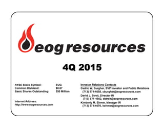 NYSE Stock Symbol: EOG
Common Dividend: $0.67
Basic Shares Outstanding: 550 Million
Internet Address:
http://www.eogresources.com
Investor Relations Contacts
Cedric W. Burgher, SVP Investor and Public Relations
(713) 571-4658, cburgher@eogresources.com
David J. Streit, Director IR
(713) 571-4902, dstreit@eogresources.com
Kimberly M. Ehmer, Manager IR
(713) 571-4676, kehmer@eogresources.com
 