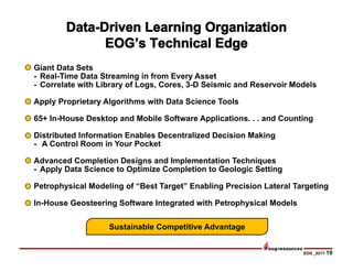EOG _0217-19
Giant Data Sets
- Real-Time Data Streaming in from Every Asset
- Correlate with Library of Logs, Cores, 3-D Seismic and Reservoir Models
Apply Proprietary Algorithms with Data Science Tools
65+ In-House Desktop and Mobile Software Applications. . . and Counting
Distributed Information Enables Decentralized Decision Making
- A Control Room in Your Pocket
Advanced Completion Designs and Implementation Techniques
- Apply Data Science to Optimize Completion to Geologic Setting
Petrophysical Modeling of “Best Target” Enabling Precision Lateral Targeting
In-House Geosteering Software Integrated with Petrophysical Models
Sustainable Competitive Advantage
 