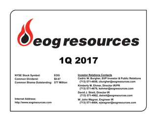 NYSE Stock Symbol: EOG
Common Dividend: $0.67
Common Shares Outstanding: 577 Million
Internet Address:
http://www.eogresources.com
1Q 2017
Investor Relations Contacts
Cedric W. Burgher, SVP Investor & Public Relations
(713) 571-4658, cburgher@eogresources.com
Kimberly M. Ehmer, Director IR/PR
(713) 571-4676, kehmer@eogresources.com
David J. Streit, Director IR
(713) 571-4902, dstreit@eogresources.com
W. John Wagner, Engineer IR
(713) 571-4404, wjwagner@eogresources.com
 