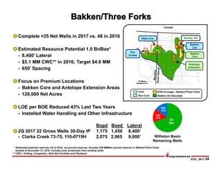 EOG _0817-34
* Estimated potential reserves net to EOG, not proved reserves. Includes 208 MMBoe proved reserves in Bakken/Three Forks
booked at December 31, 2016. Includes prior production from existing wells.
** CWC = Drilling, Completion, Well-Site Facilities and Flowback.
Complete ≈35 Net Wells in 2017 vs. 48 in 2016
Estimated Resource Potential 1.0 BnBoe*
- 8,400’ Lateral
- $5.1 MM CWC** in 2016; Target $4.6 MM
- 650’ Spacing
Focus on Premium Locations
- Bakken Core and Antelope Extension Areas
- 120,000 Net Acres
LOE per BOE Reduced 43% Last Two Years
- Installed Water Handling and Other Infrastructure
Bopd Boed Lateral
2Q 2017 22 Gross Wells 30-Day IP 1,175 1,450 8,400’
- Clarks Creek 73-75, 110-0719H 2,075 2,965 9,800’
Gas
15%
Williston Basin
Remaining Wells
Oil
70%
NGL
15%
Canada
Bakken
Core
Antelope
Extension
Bakken
Lite
State Line
Elm
Coulee
EOG Acreage – Bakken/Three Forks
Bakken Oil Saturated
20 Miles
Stanley, ND
Core
Non-Core
 