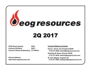 NYSE Stock Symbol: EOG
Common Dividend: $0.67
Common Shares Outstanding: 577 Million
Internet Address:
http://www.eogresources.com
2Q 2017
Investor Relations Contacts
David J. Streit, Vice President IR/PR
(713) 571-4902, dstreit@eogresources.com
Kimberly M. Ehmer, Director IR/PR
(713) 571-4676, kehmer@eogresources.com
W. John Wagner, Engineer IR
(713) 571-4404, wjwagner@eogresources.com
 