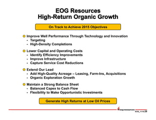 EOG_1115-28
Improve Well Performance Through Technology and Innovation
- Targeting
- High-Density Completions
Lower Capital and Operating Costs
- Identify Efficiency Improvements
- Improve Infrastructure
- Capture Service Cost Reductions
Extend Our Lead
- Add High-Quality Acreage – Leasing, Farm-Ins, Acquisitions
- Organic Exploration Growth
Maintain a Strong Balance Sheet
- Balanced Capex to Cash Flow
- Flexibility to Make Opportunistic Investments
On Track to Achieve 2015 Objectives
Generate High Returns at Low Oil Prices
 