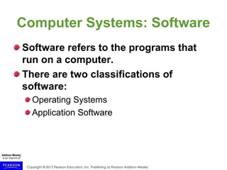 Copyright © 2015 Pearson Education, Inc. Publishing as Pearson Addison-Wesley
Computer Systems: Software
Software refers to the programs that
run on a computer.
There are two classifications of
software:
Operating Systems
Application Software
 