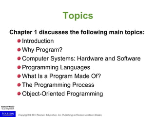 Copyright © 2015 Pearson Education, Inc. Publishing as Pearson Addison-Wesley
Topics
Chapter 1 discusses the following main topics:
Introduction
Why Program?
Computer Systems: Hardware and Software
Programming Languages
What Is a Program Made Of?
The Programming Process
Object-Oriented Programming
 