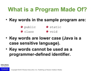 Copyright © 2015 Pearson Education, Inc. Publishing as Pearson Addison-Wesley
What is a Program Made Of?
• Key words in the sample program are:
• Key words are lower case (Java is a
case sensitive language).
• Key words cannot be used as a
programmer-defined identifier.
public
class
static
void
 