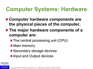 Copyright © 2015 Pearson Education, Inc. Publishing as Pearson Addison-Wesley
Computer Systems: Hardware
Computer hardware components are
the physical pieces of the computer.
The major hardware components of a
computer are:
The central processing unit (CPU)
Main memory
Secondary storage devices
Input and Output devices
 