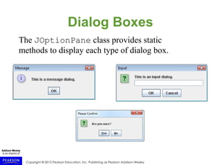 Copyright © 2015 Pearson Education, Inc. Publishing as Pearson Addison-Wesley
Dialog Boxes
The JOptionPane class provides static
methods to display each type of dialog box.
 