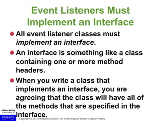 Copyright © 2015 Pearson Education, Inc. Publishing as Pearson Addison-Wesley
Event Listeners Must
Implement an Interface
All event listener classes must
implement an interface.
An interface is something like a class
containing one or more method
headers.
When you write a class that
implements an interface, you are
agreeing that the class will have all of
the methods that are specified in the
interface.
 