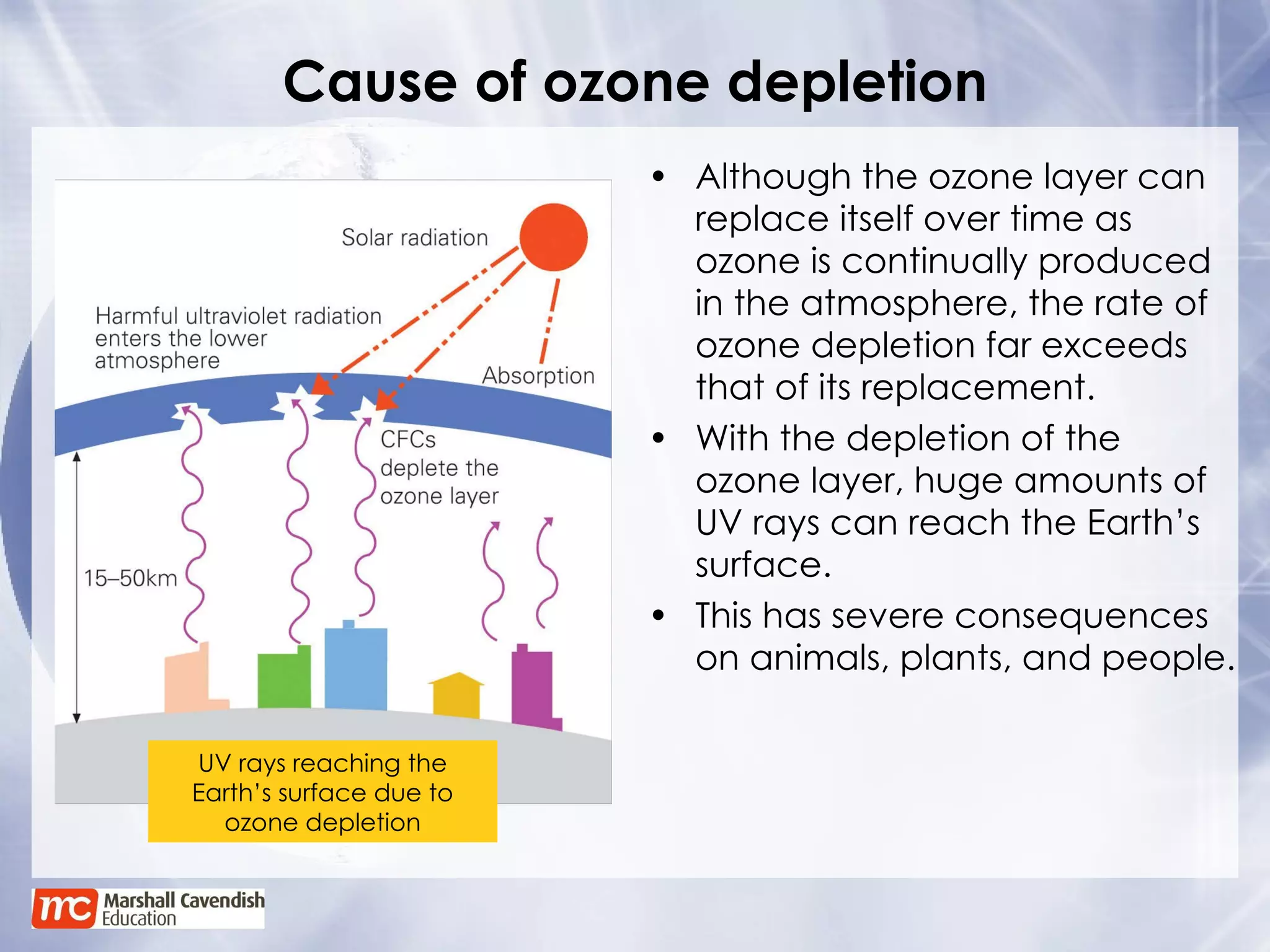 Cause of ozone depletion Although the ozone layer can replace itself over time as ozone is continually produced in the atmosphere, the rate of ozone depletion far exceeds that of its replacement. With the depletion of the ozone layer, huge amounts of UV rays can reach the Earth’s surface. This has severe consequences on animals, plants, and people. UV rays reaching the Earth’s surface due to ozone depletion 