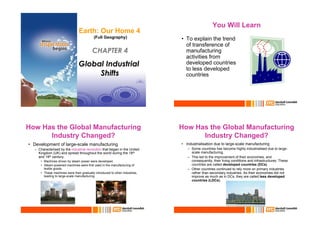 You Will Learn
                                  Earth: Our Home 4
                                            (Full Geography)                    •  To explain the trend
                                                                                   of transference of
                                                                                   manufacturing
                                                                                   activities from
                                                                                   developed countries
                                                                                   to less developed
                                                                                   countries



                                                   Chapter 3: Plate Tectonics




How Has the Global Manufacturing                                                How Has the Global Manufacturing
      Industry Changed?                                                               Industry Changed?
•  Development of large-scale manufacturing                                     •  Industrialisation due to large-scale manufacturing
   –  Characterised by the industrial revolution that began in the United          –  Some countries has become highly industrialised due to large-
      Kingdom (UK) and spread throughout the world during the 18th                    scale manufacturing.
      and 19th century.                                                            –  This led to the improvement of their economies, and
       •  Machines driven by steam power were developed.                              consequently, their living conditions and infrastructures. These
       •  Steam-powered machines were first used in the manufacturing of              countries are called developed countries (DCs).
          textile goods.                                                           –  Other countries continued to rely more on primary industries
       •  These machines were then gradually introduced to other industries,          rather than secondary industries. As their economies did not
          leading to large-scale manufacturing.                                       improve as much as in DCs, they are called less developed
                                                                                      countries (LDCs).
 