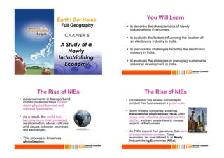 Earth: Our Home                                         You Will Learn
                              Full Geography                      •  to describe the characteristics of Newly
                                                                     Industrialising Economies.

                                                                  •  to evaluate the factors influencing the location of
                                                                     an electronics industry in India.

                                                                  •  to discuss the challenges faced by the electronics
                                                                     industry in India.

                                                                  •  to evaluate the strategies in managing sustainable
                                                                     industrial development in India.

                                     Chapter 3: Plate Tectonics




            The Rise of NIEs                                                    The Rise of NIEs
•  Advancements in transport and                                  •  Globalisation has allowed companies to
   communications have broken                                        conduct their businesses on a global scale.
   down physical barriers and
   national boundaries.
                                                                  •  Some of these companies, known as
                                                                     transnational corporations (TNCs), often
•  As a result. the world has                                        set up units in the less developed countries
   become more interconnected                                        (LDCs), and train people there to manage
   as information, ideas, cultures                                   aspects of the business.
   and values between countries
   are exchanged.                                                 •  As TNCs expand their operations, their levels
                                                                     of industrialisation increase. These
•  This process is known as                                          economies are now referred to as Newly
   globalisation.                                                    Industrialising Economies (NIEs).
 