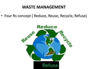 WASTE MANAGEMENT
• Four Rs concept ( Reduce, Reuse, Recycle, Refuse)




                        Refuse
 