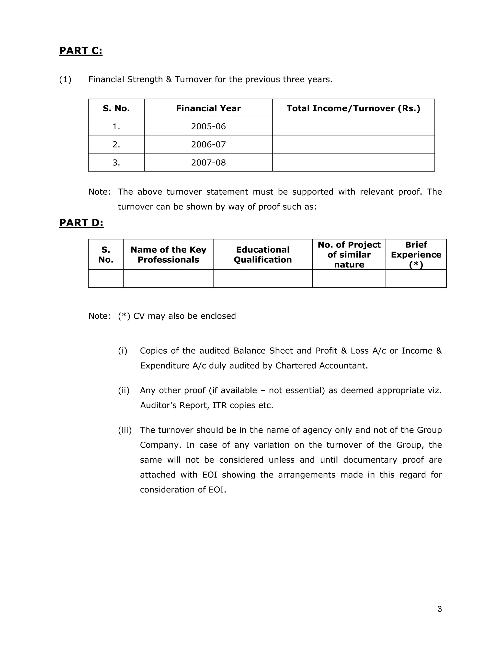 PART C:

(1)   Financial Strength & Turnover for the previous three years.


          S. No.              Financial Year              Total Income/Turnover (Rs.)

            1.                    2005-06

            2.                    2006-07

            3.                    2007-08


      Note: The above turnover statement must be supported with relevant proof. The
              turnover can be shown by way of proof such as:

PART D:

                                                                No. of Project       Brief
        S.           Name of the Key          Educational
                                                                  of similar      Experience
        No.           Professionals           Qualification
                                                                   nature             (*)




      Note: (*) CV may also be enclosed



              (i)     Copies of the audited Balance Sheet and Profit & Loss A/c or Income &
                      Expenditure A/c duly audited by Chartered Accountant.


              (ii)    Any other proof (if available – not essential) as deemed appropriate viz.
                      Auditor’s Report, ITR copies etc.


              (iii) The turnover should be in the name of agency only and not of the Group
                      Company. In case of any variation on the turnover of the Group, the
                      same will not be considered unless and until documentary proof are
                      attached with EOI showing the arrangements made in this regard for
                      consideration of EOI.




                                                                                             3
 