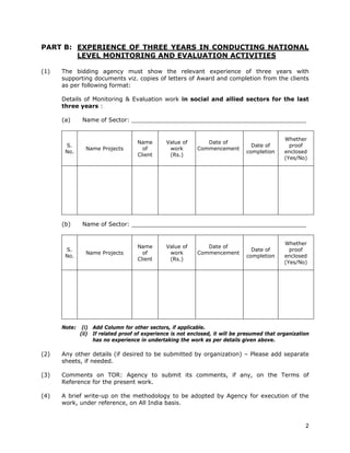 PART B: EXPERIENCE OF THREE YEARS IN CONDUCTING NATIONAL
        LEVEL MONITORING AND EVALUATION ACTIVITIES

(1)   The bidding agency must show the relevant experience of three years with
      supporting documents viz. copies of letters of Award and completion from the clients
      as per following format:

      Details of Monitoring & Evaluation work in social and allied sectors for the last
      three years :

      (a)     Name of Sector: ________________________________________________


                                                                                              Whether
                                    Name       Value of        Date of
       S.                                                                        Date of        proof
                Name Projects         of        work        Commencement
       No.                                                                     completion     enclosed
                                    Client      (Rs.)
                                                                                              (Yes/No)




      (b)     Name of Sector: ________________________________________________


                                                                                              Whether
                                    Name       Value of        Date of
       S.                                                                        Date of        proof
                Name Projects         of        work        Commencement
       No.                                                                     completion     enclosed
                                    Client      (Rs.)
                                                                                              (Yes/No)




      Note:    (i) Add Column for other sectors, if applicable.
              (ii) If related proof of experience is not enclosed, it will be presumed that organization
                   has no experience in undertaking the work as per details given above.

(2)   Any other details (if desired to be submitted by organization) – Please add separate
      sheets, if needed.

(3)   Comments on TOR: Agency to submit its comments, if any, on the Terms of
      Reference for the present work.

(4)   A brief write-up on the methodology to be adopted by Agency for execution of the
      work, under reference, on All India basis.



                                                                                                      2
 