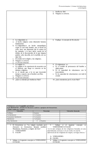 2 Instancia Evaluativa-. F. Cristiana-Prof. Molina,Alexis.
La SalleArgüello.
c. Intellectus fidei
d. Ninguna es correcta.
5. La religiosidad es:
a. el hecho religioso como dimensión humana
fundamental.
b. La religiosidad es un hecho antropológico
según el cual todo hombre, por el hecho de
serlo, tiene una dimensión que lo separa de
los animales y le hace darse cuenta de lo
infinito, de lo desconocido, de lo que ninguna
palabra sabe describir, de lo inefable, de ese
algo más.
c. El estudio de la religión y las religiones.
d. Ninguna es correcta.
e. A y B son correctas.
6. Explique el concepto de Revelación
7. La religión es:
a. La religión es la experiencia de encuentro con
el Misterio, que luego se concreta en las
distintas religiones.
b. es el vínculo que, a la vez que trasciende
tiempo y espacio, une al hombre con Dios.
c. Ninguna es correcta.
d. A y B son correctas.
8. El religionismo es:
a. Es el sentido de pertenencia del hombre a
algún grupo.
b. Es la capacidad de relacionarse con lo
trascendente.
c. Es la capacidad de relacionarnos con todo lo
creado.
9. ¿Qué se entiende por Intellectus Fidei? 10. ¿Qué entendemos por la Actio Fidei?
Trabajamos con el segundo aprendizaje:
(LAS RELIGIONES ASIÁTICAS) Reconocer, analizar y apropiarse del Zoroastrismo.
(Cada cuadro es 1 punto).
Valoración Porcentaje Valoración Alcanzada
En Blanco 0 puntos.
No Satisfactorio 2 a 4 puntos.
Escasamente Satisfactorio 5 a 6 puntos.
Satisfactorio 7 a 8 puntos.
Muy Satisfactorio 9 a 10 puntos.
1. El Zoroatrismo es: “La religión enseñada por
Zoroastro (o Zaratustra), llamada también
Mazdeísmo, Parsismo, y religión del Irán”.
a. VERDADERO
b. FALSO
2. : Indique si el siguiente concepto es
VERDADERO O FALSO:
“es la más antigua de las religiones basadas en una
determinada creencia o en un credo, lo cual la
diferencia de las religiones de origen y arraigo étnicos.”
A. VERDADERO.
B. FALSO.
3. Indique si el siguiente concepto es VERDADERO
O FALSO:
4. Indique si el siguiente concepto es VERDADERO
O FALSO:
 