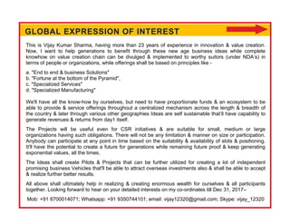 GLOBAL EXPRESSION OF INTEREST
This is Vijay Kumar Sharma, having more than 23 years of experience in innovation & value creation.
Now, I want to help generations to benefit through these new age business ideas while complete
knowhow on value creation chain can be divulged & implemented to worthy suitors (under NDA’s) in
terms of people or organizations, while offerings shall be based on principles like -
a. "End to end & business Solutions"
b. "Fortune at the bottom of the Pyramid",
c. "Specialized Services"
d. "Specialized Manufacturing"
We'll have all the know-how by ourselves, but need to have proportionate funds & an ecosystem to be
able to provide & service offerings throughout a centralized mechanism across the length & breadth of
the country & later through various other geographies Ideas are self sustainable that’ll have capability to
generate revenues & returns from day1 itself.
The Projects will be useful even for CSR initiatives & are suitable for small, medium or large
organizations having such obligations. There will not be any limitation & manner on size or participation.
Anybody can participate at any point in time based on the suitability & availability of slots & positioning.
It'll have the potential to create a future for generations while remaining future proof & keep generating
exponential values, all the times.
The Ideas shall create Pilots & Projects that can be further utilized for creating a lot of independent
promising business Vehicles that'll be able to attract overseas investments also & shall be able to accept
& realize further better results.
All above shall ultimately help in realizing & creating enormous wealth for ourselves & all participants
together. Looking forward to hear on your detailed interests on my co-ordinates till Dec 31, 2017–
Mob: +91 8700014071; Whatsapp: +91 9350744101; email: vijay12320@gmail.com; Skype: vijay_12320
 