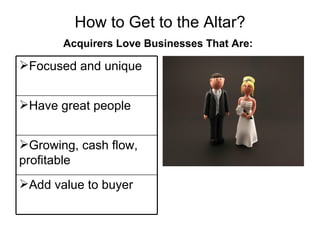 How to Get to the Altar? Acquirers Love Businesses That Are: Focused and unique Have great people Growing, cash flow, profitable Add value to buyer 