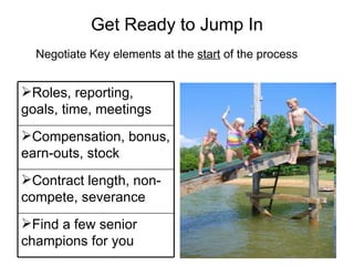 Get Ready to Jump In Negotiate Key elements at the  start  of the process Roles, reporting, goals, time, meetings  Compensation, bonus, earn-outs, stock Contract length, non-compete, severance Find a few senior champions for you 