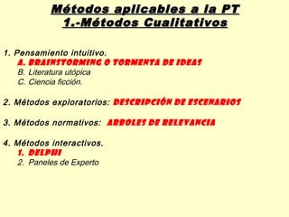 Métodos aplicables a la PT
            1.-Métodos Cualitativos

1. Pensamiento intuitivo.
    A. Brainstorming o tormenta de ideas
    B. Literatura utópica
    C. Ciencia ficción.

2. Métodos exploratorios: Descripción de Escenarios

3. Métodos normativos: Arboles de Relevancia

4. Métodos interactivos.
   1. Delphi
   2. Paneles de Experto
 