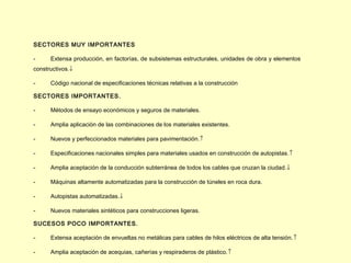 SECTORES MUY IMPORTANTES

-     Extensa producción, en factorías, de subsistemas estructurales, unidades de obra y elementos
constructivos.↓

-     Código nacional de especificaciones técnicas relativas a la construcción

SECTORES IMPORTANTES.

-     Métodos de ensayo económicos y seguros de materiales.

-     Amplia aplicación de las combinaciones de los materiales existentes.

-     Nuevos y perfeccionados materiales para pavimentación.↑

-     Especificaciones nacionales simples para materiales usados en construcción de autopistas.↑

-     Amplia aceptación de la conducción subterránea de todos los cables que cruzan la ciudad.↓

-     Máquinas altamente automatizadas para la construcción de túneles en roca dura.

-     Autopistas automatizadas.↓

-     Nuevos materiales sintéticos para construcciones ligeras.

SUCESOS POCO IMPORTANTES.

-     Extensa aceptación de envueltas no metálicas para cables de hilos eléctricos de alta tensión.↑

-     Amplia aceptación de acequias, cañerías y respiraderos de plástico.↑
 