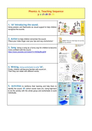 1. ‘sh’ Introducing the sound.
Using posters and flashcards as visual support to help children
recognize the sounds.
2. Action to help children remember the sound.
‘Place your index finger over your lips and say shshshshsh.’
3. Song. Using a song as a funny way for children to become
more confident with the sound.
https://www.youtube.com/watch?v=K6SIpZKzgEM
4. Writing. Using worksheets to write ‘sh’.
Firstly, children will become familiar with sound sh.
Then they can relate with different words.
5. Activities to reinforce their learning and help them to
identify the sound: sh (which words have sh). Using high-tech
to do the activity with the whole group and worksheets to work
individually.
Phonics 6. Teaching Sequence
y x ch sh th th
 