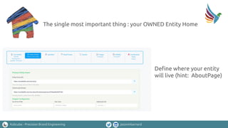 Kalicube - Precision Brand Engineering jasonmbarnard
Deﬁne where your entity
will live (hint: AboutPage)
The single most important thing : your OWNED Entity Home
 