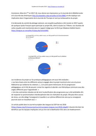 Académie de Versailles 2019 - https://langues.ac-versailles.fr/
8
Constance, élève de 1ère
en 2017-18, nous donne ses impressions sur la Journée de la Méditerranée
et la Journée des Amériques http://scolawebtv.crdp-versailles.fr/?id=29881 et elle explique son
implication dans l’organisation de la Journée de l’Europe en tant qu’ambassadrice du projet.
A la demande du comité de pilotage national, une enquête qualitative a été menée en 2017 auprès
de quelques lycées français ayant participé au projet EOL, dont Le lycée Les 7 Mares. Les résultats de
cette enquête sont mentionnés dans le rapport rédigé pour le CELV par Madame Sédilot-Gasmi :
https://langues.ac-versailles.fr/spip.php?article941:
Les incidences du projet sur les pratiques pédagogiques ont aussi été analysées :
« Les liens tissés entre les différents acteurs engagés dans le projet montrent ainsi une structure
fédératrice qui solidarise les relations. (…) Un autre point intéressant, lié à la progression
pédagogique, est le fait de pouvoir croiser les regards et aborder une thématique commune sous des
angles différents pour l’approfondir. »
« Une des contraintes relevées est de tenir la planification des progressions qui a été préétablie afin
de respecter la synchronisation interdisciplinaire liée à la réalisation du projet. Elle peut être source
de stress, car elle oblige l’enseignant à travailler à un rythme différent de celui qu’un enseignant
pourrait avoir en travaillant seul. »
Un article publié dans le courriel européen des langues du CIEP de mai 2018
(https://www.ciep.fr/ressources/courriel-europeen-langues-mai-2018-ndeg40 ) résume très bien les
bénéfices que les équipes impliquées ont pu tirer de la labellisation EOL dans cet établissement :
 