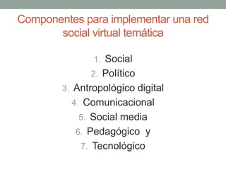 Componentes para implementar una red
social virtual temática
1. Social
2. Político
3. Antropológico digital
4. Comunicacio...