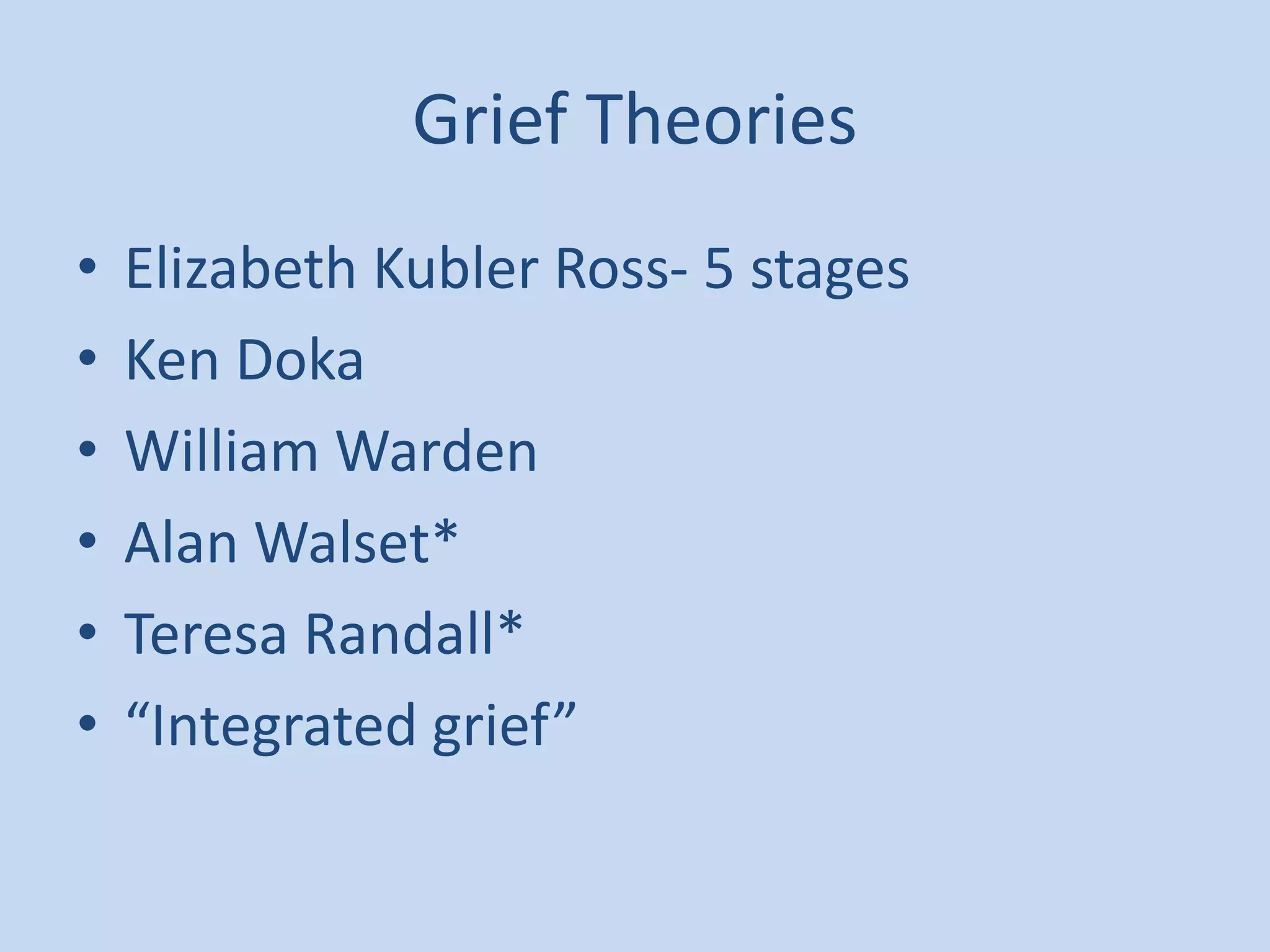 Grief Theories
• Elizabeth Kubler Ross- 5 stages
• Ken Doka
• William Warden
• Alan Walset*
• Teresa Randall*
• “Integrated grief”
 