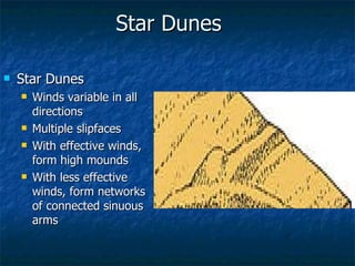 Star Dunes Star Dunes Winds variable in all directions Multiple slipfaces With effective winds, form high mounds With less effective winds, form networks of connected sinuous arms 