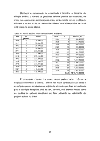 Conforme a comunidade for expandindo e também, a demanda de
energia elétrica, o número de geradores também precisa ser expandido, de
modo que, quanto mais aerogeradores, maior será a receita com os créditos de
carbono. A receita sobre os créditos de carbono para a cooperativa até 2036
está listada na tabela abaixo.
Tabela 7.1 Receita da usina eólica sobre os créditos de carbono
ano
2010

nº
gerador
2

receita
138.600,00

2011

2

138.600,00

2012

2

138.600,00

2013

2

138.600,00

2014

4

277.200,00

2015

4

277.200,00

2016

4

277.200,00

2017

4

277.200,00

2018

4

277.200,00

2019

4

277.200,00

2020

6

415.800,00

2021

6

415.800,00

2022

6

2023

415.800,00

6

415.800,00

2024

8

554.400,00

2025

8

554.400,00

2026

10

693.000,00

2027

10

693.000,00

2028

12

831.600,00

2029

12

831.600,00

2030

14

970.200,00

2031

16

1.108.800,00

2032

18

1.247.400,00

2033

20

1.386.000,00

2034

22

1.524.600,00

2035

24

1.663.200,00

2036

26

1.801.800,00

total

R$ 17.740.800,00

É necessário observar que estes valores podem variar conforme a
negociação contratual e câmbio. Também não foram contabilizadas as taxas e
os próprios gastos envolvidos no projeto de atividade que deve ser realizado
para a obtenção do registro junto ao MDL. Todavia, este exemplo mostra como
os créditos de carbono constituem um fator relevante na viabilização de
projetos eólicos no Brasil.

17

 