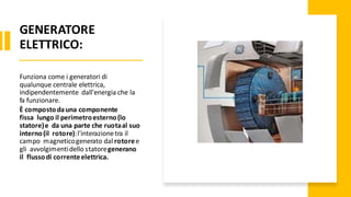 GENERATORE
ELETTRICO:
Funziona come i generatori di
qualunque centrale elettrica,
indipendentemente dall'energia che la
fa funzionare.
È compostodauna componente
fissa lungo il perimetroesterno(lo
statore)e da una parte che ruotaal suo
interno(il rotore):l'interazionetra il
campo magneticogenerato dal rotoree
gli avvolgimentidello statoregenerano
il flussodi correnteelettrica.
 