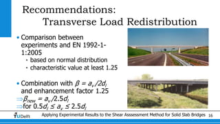 Applying Experimental Results to the Shear Asssessment Method for Solid Slab Bridges 16
Recommendations:
Transverse Load Redistribution
• Comparison between
experiments and EN 1992-1-
1:2005
• based on normal distribution
• characteristic value at least 1.25
• Combination with β = av /2dl
and enhancement factor 1.25
βnew = av /2.5dl
for 0.5dl ≤ av ≤ 2.5dl
 