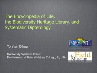The Encyclopedia of Life,
the Biodiversity Heritage Library, and
Systematic Dipterology



 Torsten Dikow

 Biodiversity Synthesis Center
 Field Museum of Natural History, Chicago, IL, USA
 