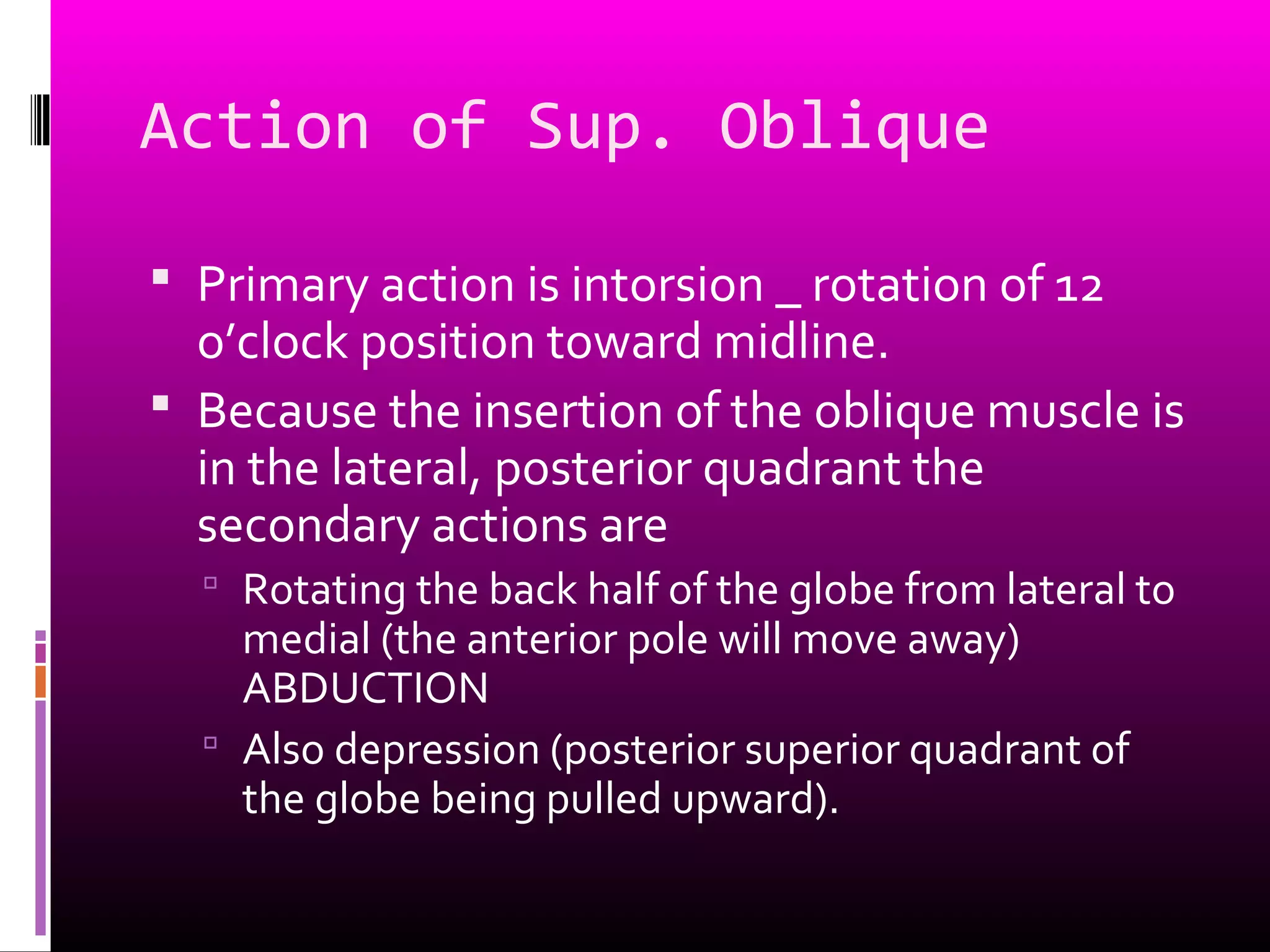 Action of Sup. Oblique
 Primary action is intorsion _ rotation of 12
o’clock position toward midline.
 Because the insertion of the oblique muscle is
in the lateral, posterior quadrant the
secondary actions are
 Rotating the back half of the globe from lateral to
medial (the anterior pole will move away)
ABDUCTION
 Also depression (posterior superior quadrant of
the globe being pulled upward).
 