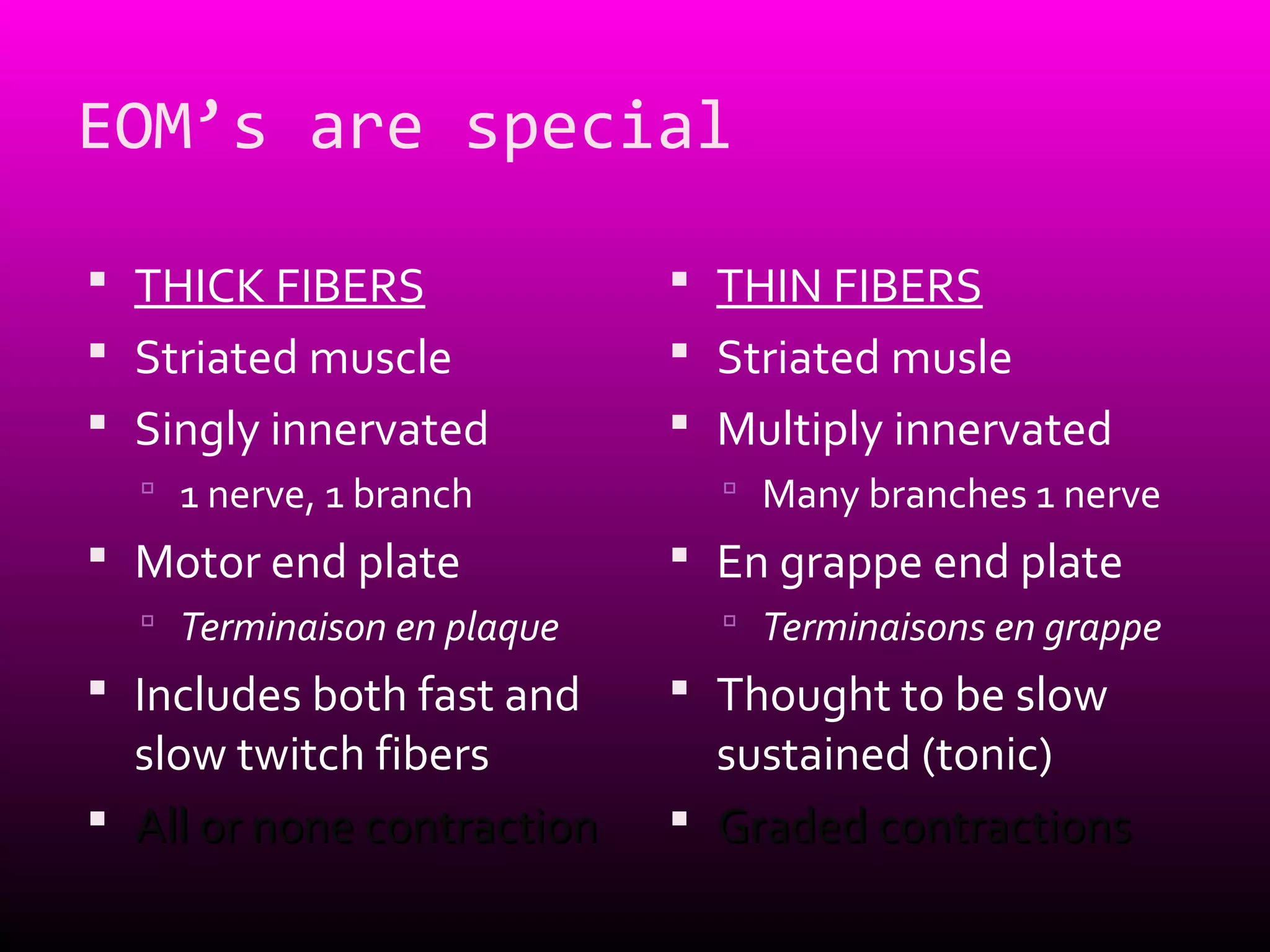 EOM’s are special
 THICK FIBERS
 Striated muscle
 Singly innervated
 1 nerve, 1 branch
 Motor end plate
 Terminaison en plaque
 Includes both fast and
slow twitch fibers
 All or none contractionAll or none contraction
 THIN FIBERS
 Striated musle
 Multiply innervated
 Many branches 1 nerve
 En grappe end plate
 Terminaisons en grappe
 Thought to be slow
sustained (tonic)
 Graded contractionsGraded contractions
 
