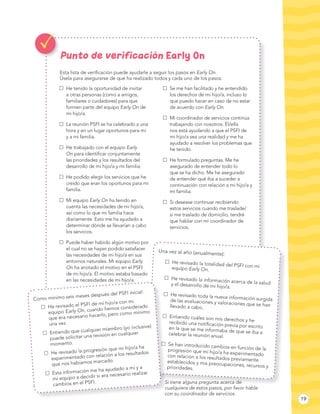 19
Punto de verificación Early On
Esta lista de verificación puede ayudarle a seguir los pasos en Early On.
Úsela para ase...