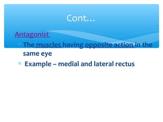 ∗ Antagonist
∗ The muscles having opposite action in the
same eye
∗ Example – medial and lateral rectus
Cont…
 
