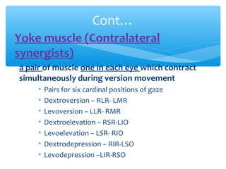 • Yoke muscle (Contralateral
synergists)
a pair of muscle one in each eye which contract
simultaneously during version movement
• Pairs for six cardinal positions of gaze
• Dextroversion – RLR- LMR
• Levoversion – LLR- RMR
• Dextroelevation – RSR-LIO
• Levoelevation – LSR- RIO
• Dextrodepression – RIR-LSO
• Levodepression –LIR-RSO
Cont…
 