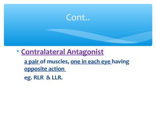 • Contralateral Antagonist
a pair of muscles, one in each eye having
opposite action
eg. RLR & LLR.
Cont..
 