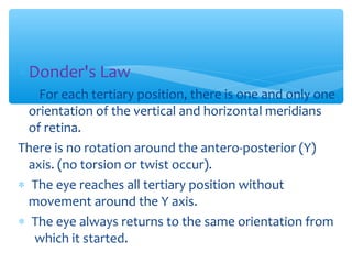 ∗Donder's Law
For each tertiary position, there is one and only one
orientation of the vertical and horizontal meridians
of retina.
There is no rotation around the antero-posterior (Y)
axis. (no torsion or twist occur).
∗ The eye reaches all tertiary position without
movement around the Y axis.
∗ The eye always returns to the same orientation from
which it started.
 