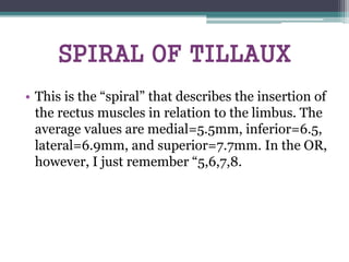 SPIRAL OF TILLAUX
• This is the “spiral” that describes the insertion of
the rectus muscles in relation to the limbus. The
average values are medial=5.5mm, inferior=6.5,
lateral=6.9mm, and superior=7.7mm. In the OR,
however, I just remember “5,6,7,8.
 